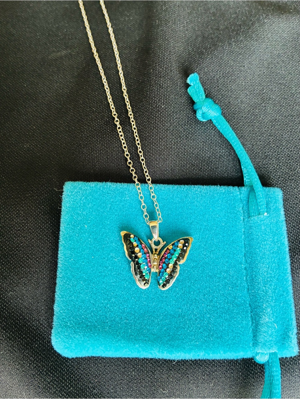 Sterling Butterfly Pendant Necklace in Turquoise/Multicolor Crystals